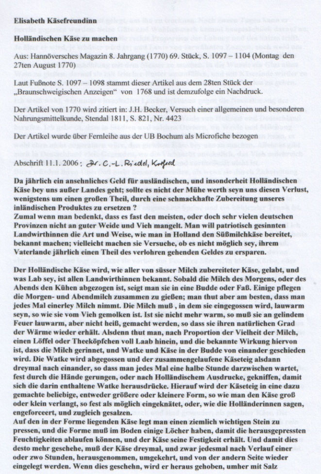 Elisabeth Käsefreundinn, "Holländischen Käse zu machen", aus Braunschweigischen Anzeigen